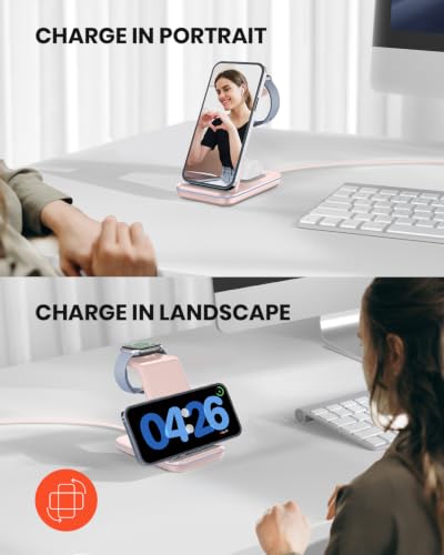 GEEKERA Wireless Charger, 3 in 1 Wireless Charging Station for iPhone Air/17/16/15/14/13/12/11/Pro Max/X/8, Phone and Watch Charger Stand for Apple Watch Ultra 3-2/11-2/SE, AirPods Pro/4/3/2, Pink - color: pink