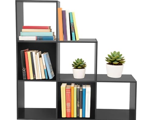 3-Tier Stepped Bookshelf Freestanding 6 Cubes Ladder Bookcase L Shaped Ladder Corner Open Bookshelf for Home & Office (Black, 6 Cubes) - color: Black, size: 6 Cubes
