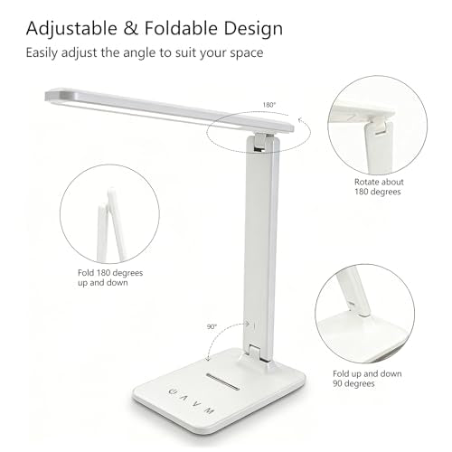 LED Desk Lamp with USB Charging Port, 5 Color Modes & Brightness Levels, Eye-Caring Dimmable, Touch Control, Adjustable Foldable Arm, USB-C Powered