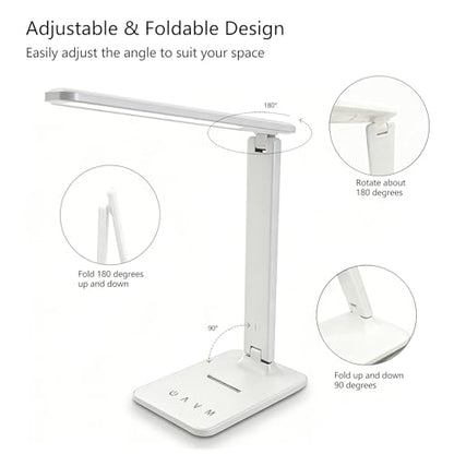 LED Desk Lamp with USB Charging Port, 5 Color Modes & Brightness Levels, Eye-Caring Dimmable, Touch Control, Adjustable Foldable Arm, USB-C Powered