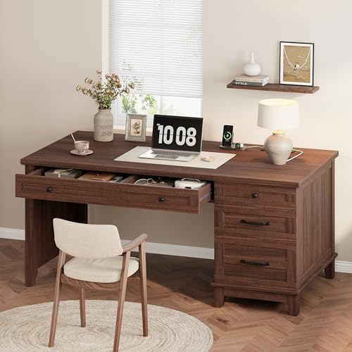 53.5" Executive Desk with Power Outlet, Home Office Desk with Drawers, Wooden Work Desk with File Cabinet, Computer Desk for Work, Study, Writing, Brown - color: Brown