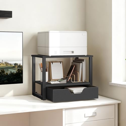 YATINEY Desktop Printer Stand, 2-Tier Printer Table with Non-Woven Drawer, Multi-Purpose Desk Organizer for Home Office, Under Desk Open Organizer Shelf, Black PS01BB - color: Black