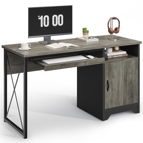 Bestier 47-Inch Office Desk with Storage Cabinet & Keyboard Tray, Grey | 47 Inch Desktop, Right Storage Cabinet, Sliding Keyboard Tray And X-Frame Support Create A Small-Space Home Office Desk. - color: Grey, size: 47 inch