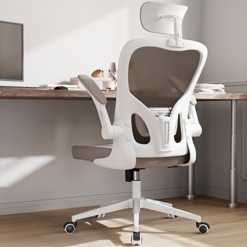 Office Chair Ergonomic Desk Chair with Lumbar Support&Headrest&Flip-up Arms Height Adjustable Rocking Swivel High Computer Chair Multi-Angle from 90° to 125° with 350LBS Capacity(White+Khaki-2) - color: White+khaki-2
