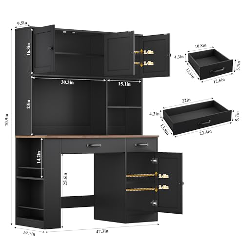 Keyluv 71" Tall Computer Desk with Hutch Cabinet, Home Office Desk with Storage Drawers Shelves and Side Rack, Wood Executive Desk with Doors, Outlet Station and Smart LED Lights, Black - color: Black