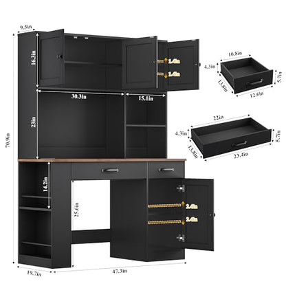 Keyluv 71" Tall Computer Desk with Hutch Cabinet, Home Office Desk with Storage Drawers Shelves and Side Rack, Wood Executive Desk with Doors, Outlet Station and Smart LED Lights, Black - color: Black