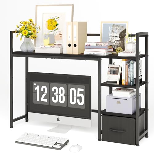 Desk Shelf with Drawer, 41.3" Desktop Organizer Shelf, Desk Hutch for Computer Monitor Max 32", 3 Tier Desktop Display Rack, Wooden Desk Top Bookshelf Storage Rack for Home Office Dorm, Black - color: Black