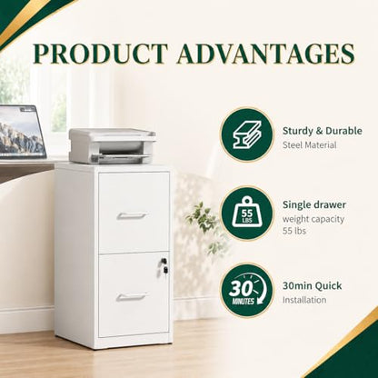 2 Drawer File Cabinet with Lock, 25.6" H Small File Cabinet | Metal Vertical File Cabinet for Home Office, Fits Letter/Legal/A4/F4 Files, Require Assembly, 25.6"H x 17.7"D x 15"W, White - color: White, size: 25.6"H - 2 Drawer