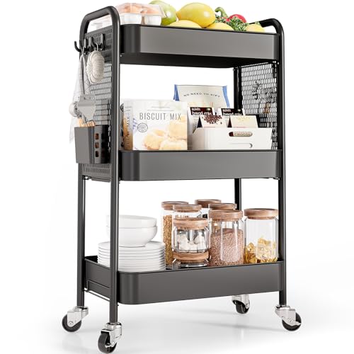 TOOLF 3 Tier Rolling Cart, Metal Utility Storage Cart with Pegboard, Black | 2 Bins & 4 Hooks, Screwless Assembly, Lockable Wheels, Trolley Organizer for Bathroom, Kitchen, Office, Dorm, Craft Room - color: Black, size: 3-Tier