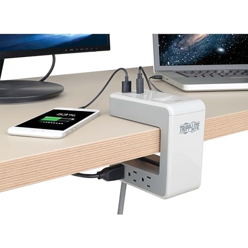 Tripp Lite 6 Outlet Desk Clamp Surge Protector Power Strip, USB Charging Ports USB-A & USB-C, 8 ft. Cord, 1080 Joules, Light Gray, Lifetime Limited Warranty & $50, 000 Insurance (TLP648USBC) - style: U-Mount