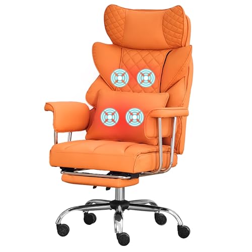 500 Lbs Kneading Massage Office Chair with Foot Rest Reclining | Orange, Ergonomic Computer Chair, High Back Thick Cushion, Big & Tall, Comfy Leather, Heavy Duty Home Executive - color: Orange