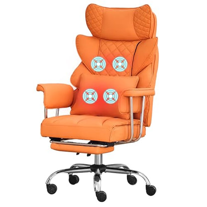 500 Lbs Kneading Massage Office Chair with Foot Rest Reclining | Orange, Ergonomic Computer Chair, High Back Thick Cushion, Big & Tall, Comfy Leather, Heavy Duty Home Executive - color: Orange
