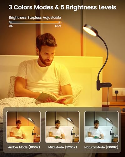 Glocusent 5W Desk Lamp with Remote, 3 Colors & 5 Brightness Reading Lights | Flexible Gooseneck Clip on Lamp, 30-Min Timer Reading Lamp, Perfect Clip on Light for Bunk,Bed,Headboard,Table,Work,Craft - color: Black with Remote
