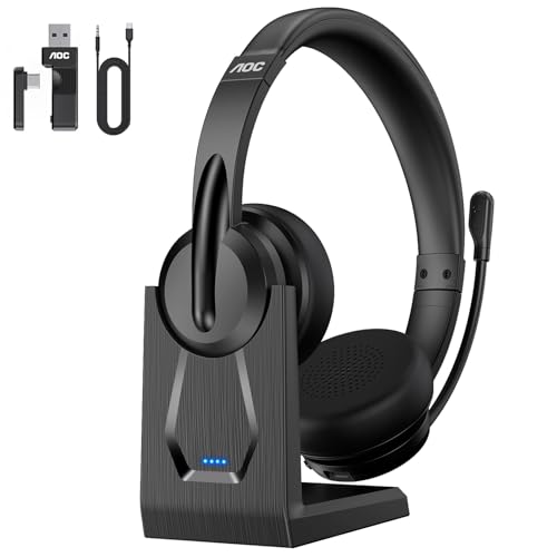 AOC Wireless Headset with Mic for Work, Bluetooth 5.4 Wireless Headset with AI Noise Canceling Mics, USB A/C Dongle, Charging Base & Mic Mute, Wireless Headphones for Laptop, PC (Classic Black) | AI Noise-Canceling, USB-A/C Dongle, Flip-to-Mute, Multipoin