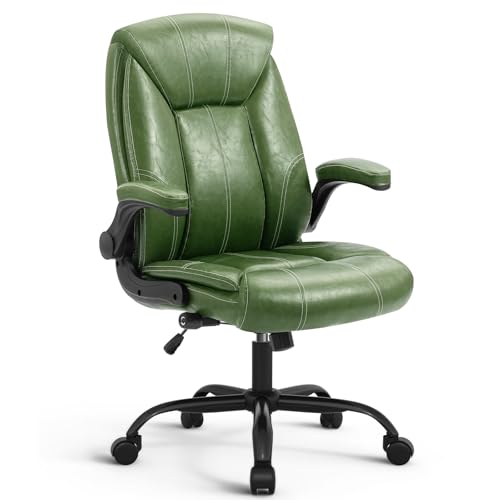 Executive Office Chair,Big and Tall Ergonomic Desk Chair with Adjustable Lumbar Support,Breathable PU Leather Computer Chair wih Flip-up Arms and Wheels,Green - color: Green