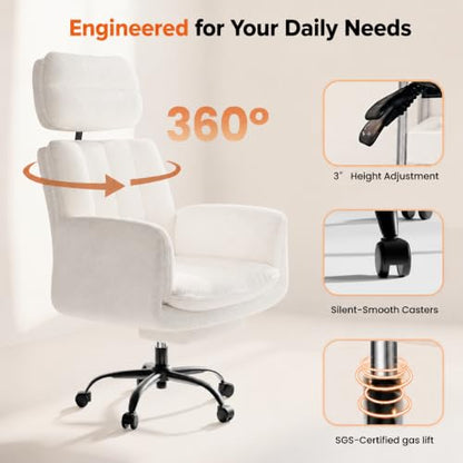 Big and Tall Office Chair, Flip Armrests for Pets & Cross Legged Sitting | Executive Ergonomic Computer Gaming Chair with Foot Rest, Teddy Fleece Wide Seat Reclining Desk Chair, White Vanity Chair - color: Ivory