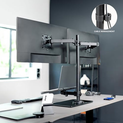 VIVO Freestanding Dual Computer Monitor and Laptop Combo Desk Stand with Glass Base, Fits up to 32 inch Monitors and 17 inch Laptops, Black, STAND-V003FGL - style: Laptop + 2 Monitors
