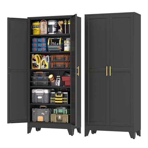 pozdeg 75" Black Heavy Duty Metal Garage Storage Cabinet | Tool Cabinet with 2 Doors and 5 Adjustable Shelves, Steel Organizer Cabinet for Garage, Home, Office & Basement - color: Black, size: 15.75"D x 31.5"W x 74.8"H