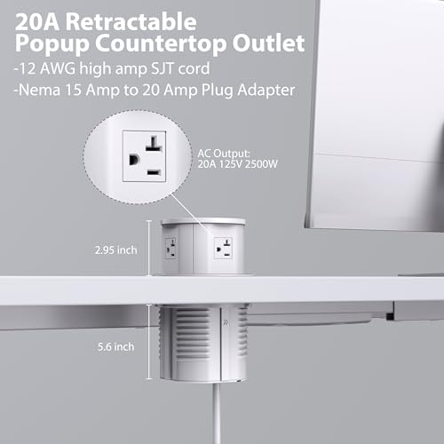 ANNQUAN 4.7" 20amp Pop Up Countertop Outlet Wireless Charger 65W USB White | Pop Up Outlet with 3 Outlets 3 USB Ports Home Office Kitchen - color: White, size: 20 Amp(Standard)
