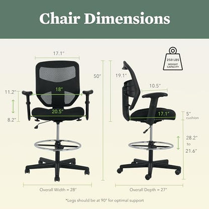 HON Prominent Ergonomic Stool, Footring, Office Desk Chair, Black | Ergonomic standing desk chair with footring, seat slider, adjustable arms, dynamic workstation seating for active work - color: Mesh Back - Stool