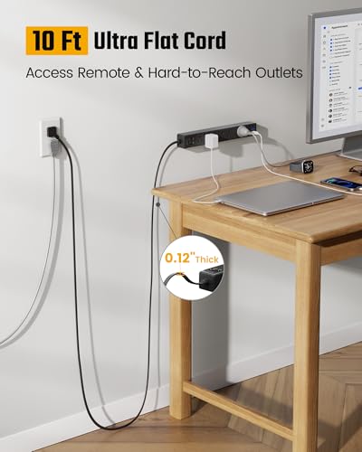 10Ft Long Extension Cord, SUPERDANNY Flat Plug Surge Protector Power Strip (Pack of 2) - color: Black, size: 10FT (Pack of 2)