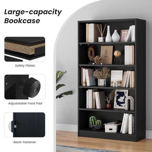 Farini 60 Inch Tall Bookcase,5 Shelf Bookshelves,Adjustable Bookshelf for Home Office,Black - color: Black, size: 5 shelf
