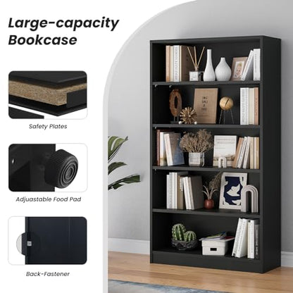 Farini 60 Inch Tall Bookcase,5 Shelf Bookshelves,Adjustable Bookshelf for Home Office,Black - color: Black, size: 5 shelf