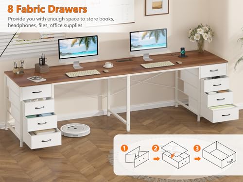 95" 2 Person Desk with 8 Fabric Drawers for Home Office, Living Room - color: Brown and White, size: 18.9"D x 94.5"W x 29.3"H