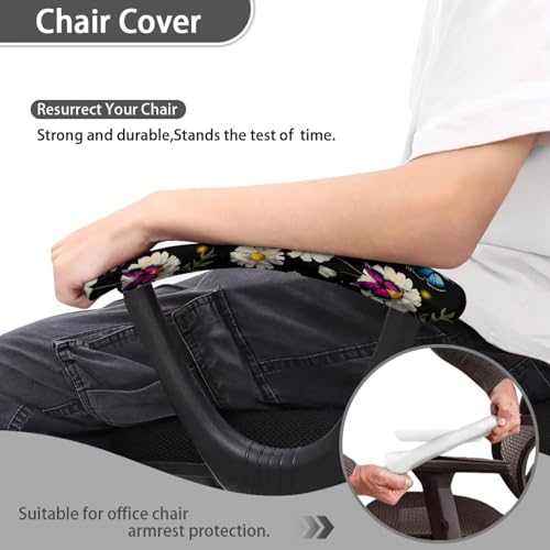 Floral Office Chair Arm Covers Set of 2, Sunflower Daisy Print Chair Armrest Covers, Removable Office Chair Covers Stretchy Washable Chair Arm Rest Covers for Office Home Chair, Pink - color: Butterfly Daisy-black
