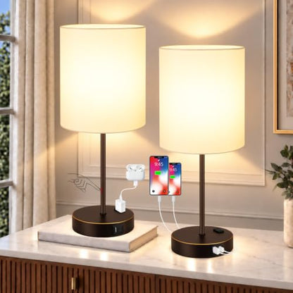 Lynnoland 2 Pack Touch Control Table Lamps with 2 USB & AC Outlet, 3-Way Dimmable Bedside Nightstand Lamps for Bedroom Living Room Nursery, 800 Lumens 3000K Warmlight Bulbs Included - color: White & Oil-Rubbed Bronze