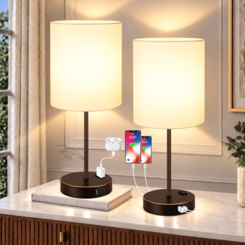 Lynnoland 2 Pack Touch Control Table Lamps with 2 USB & AC Outlet, 3-Way Dimmable Bedside Nightstand Lamps for Bedroom Living Room Nursery, 800 Lumens 3000K Warmlight Bulbs Included - color: White & Oil-Rubbed Bronze