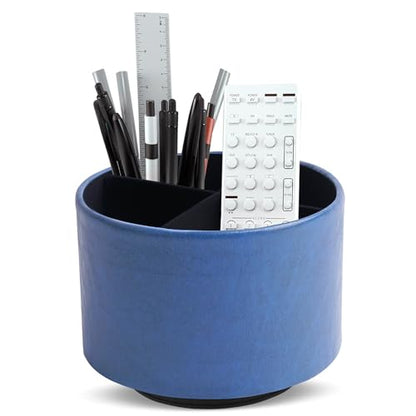 Round Leather Art Supply Organizer,Remote Control Holder,360 Degree Spinning,Multi-Functional Pencil Holder,4 Compartments Desktop Stationary Organizer(1-Oil Blue2) - color: 1-Oil Blue2