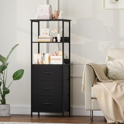 Somdot 5 Tier Bookshelf with 3 Drawers, Narrow Storage Bookcase for Bedroom | Tall Metal Frame Bookcase for Small Spaces, Living Room and Home Office, Black - color: Black