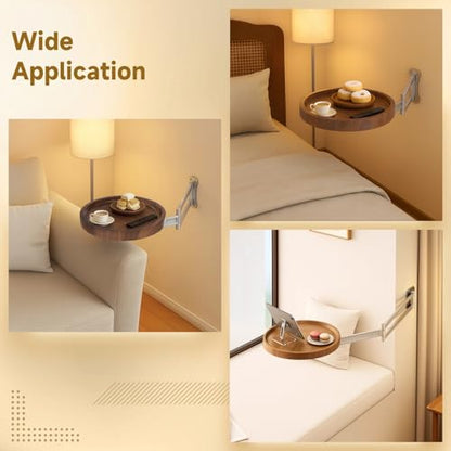 Folding Wall Mounted Table Round Tray, Extendable Desk with Metal Arm, Rotating Floating Shelf, Fold Down Space Saving Side Table, Nightstand Extender for Bedroom, Living Room, Bay Window