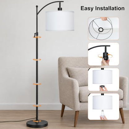JUNNAI Black Arc Floor Lamp 55-63" Adjustable, 3 Color 9W LED Bulb Included - color: Black+White Shade-Arc