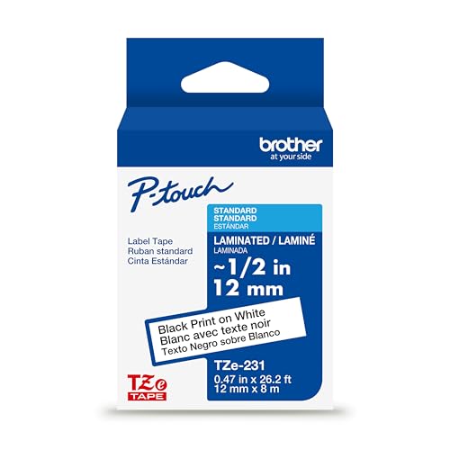 Brother Genuine TZe231~1/2” Black Print on White Label Tape. Each: 0.47 in x 26.2 ft (12 mm x 8 m) - color: Black Print on White, size: Pack of 1, style: New Packaging
