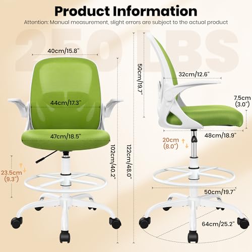 Primy Drafting Chair Tall Office Chair with Flip-up Armrests Executive Ergonomic Computer Standing Desk Chair with Lumbar Support and Adjustable Footrest Ring (Green) - color: Green, size: 934-Z