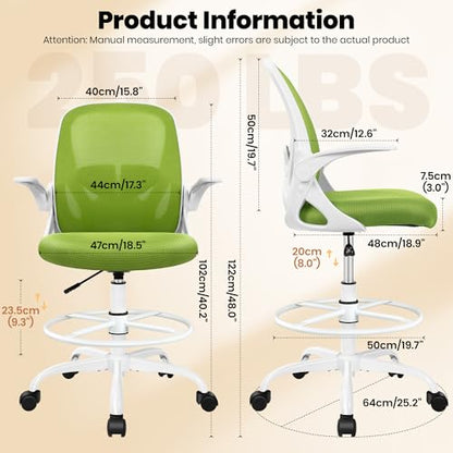 Primy Drafting Chair Tall Office Chair with Flip-up Armrests Executive Ergonomic Computer Standing Desk Chair with Lumbar Support and Adjustable Footrest Ring (Green) - color: Green, size: 934-Z