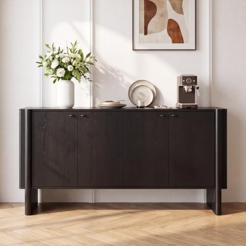 Ya-Home Modern Sideboard Buffet Cabinet with Storage, Accent Farmhouse Buffet Coffee Bar Cabinet with 4 Doors, Wooden Media Console Table Credenza for Living Room/Kitchen/Entryway, Black - color: Black