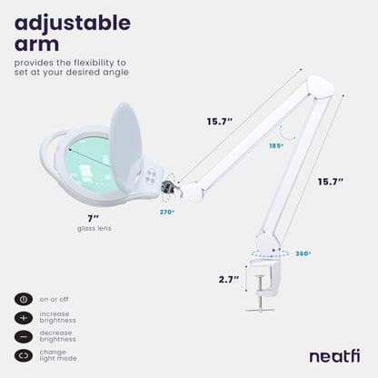 Neatfi Elite XL HD LED Magnifying Lamp | 7-Inch Lens | 1.75X + 4X Magnification | Dimmable | 3 Light Modes (3000K / 4000K / 6500K) | Adjustable Arm | Glare-Free (White-2, 7-inch Lens, CCT with Clamp) - color: White-2