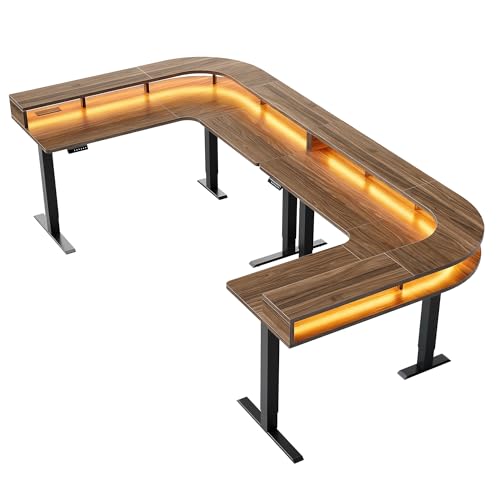 HUANUO U-Shape Standing Desk with LED Strip & Power Outrlets, 2-Tier Height Adjustable Sit Stand up Gaming Desk with Power Strip Holder, Large Computer Table for Home Office, Walnut