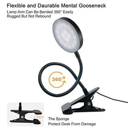 LiFMIRA Clip on Lamp, 8W 66 LED Bed Light for Reading, 5 Color Modes, 10 Brightness Levels, Eye Care, Flexible Gooseneck, Metal Clamp, USB Powered, Modern Design, Black | 5 Color Modes, 10 Brightness Levels, Eye Care Clip on Light, Flexible Gooseneck, Met