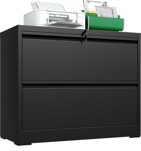 2 Drawer Lateral File Cabinet, Metal Filing Cabinet for Home Office, Black | Heavy-Duty Steel Locking File Cabinet, Hanging Letter/Legal/A4 Size, Full-Extension Drawer, Assembly Required - color: Black, size: 2 Drawers (35.43 in Width)