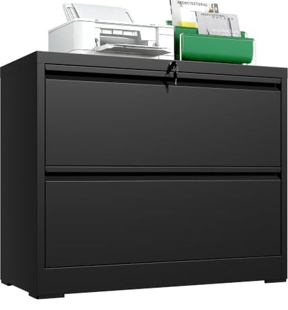 2 Drawer Lateral File Cabinet, Metal Filing Cabinet for Home Office, Black | Heavy-Duty Steel Locking File Cabinet, Hanging Letter/Legal/A4 Size, Full-Extension Drawer, Assembly Required - color: Black, size: 2 Drawers (35.43 in Width)