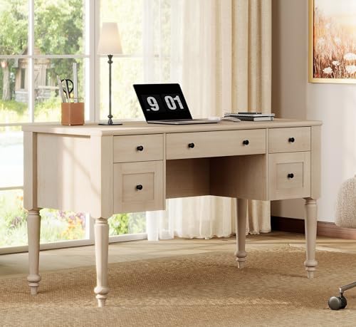WAMPAT Wood Executive Desk with 5 Drawers & Charging Station, Beige, 56" | Farmhouse Writing Desk with File Cabinet & Open Shelf, Built‑in Outlet & USB Type-C Port, Wood Home Office Desk for Study - color: Beige