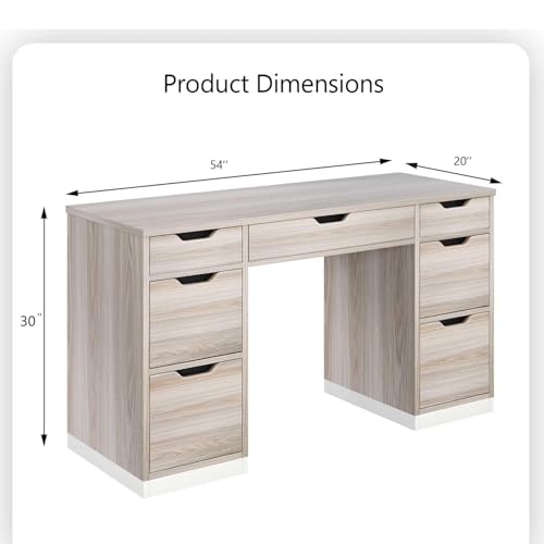 Computer Desk with 7 Drawers, Home Office Desk with Storage, Light Walnut | 54 Inch Writing Desk with 7 Drawers for Small Spaces, Study Desk for Bedroom