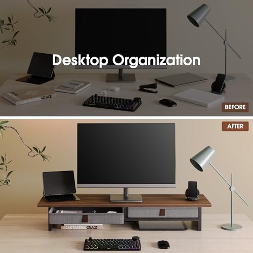 Fenge 35 Inch Monitor Stand with Drawer Storage, Computer Riser for Desk - color: Brown