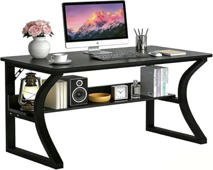47'' Computer Desk w/Storage & Cable Management, Home Office Desk w/Sturdy U-Shaped Metal Frame & Water-Resistant Scratchproof Surface, Study Writing Desk for Office & Bedroom, Black - size: 47inch-Black