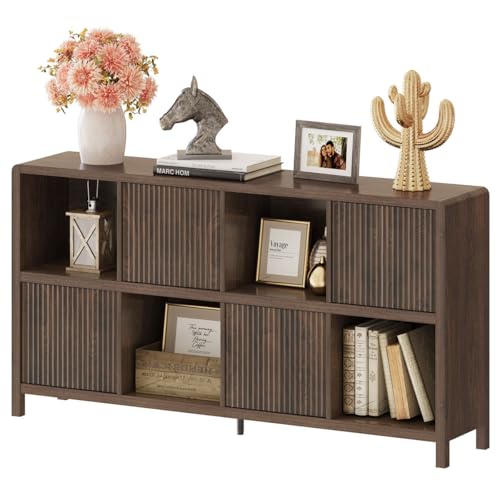 8 Cube Storage Organizer Bookshelf with Storage, Horizontal Bookcase with 4 Doors, Long Wooden Book Shelf for Living Room, Home Office (Dark Walnut) - color: Dark Walnut With 4 Doors