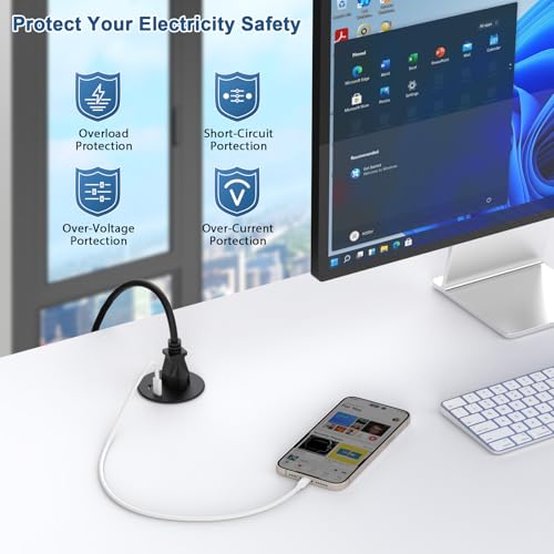 Desk Power Grommet, Haylink Recessed Power Strip with AC Outlet & 2X PD 20W USB C | 6.56FT Cable | 2.36"(60mm) Cut Hole| for Modern Desk, Kitchen Island & Workshop, Black